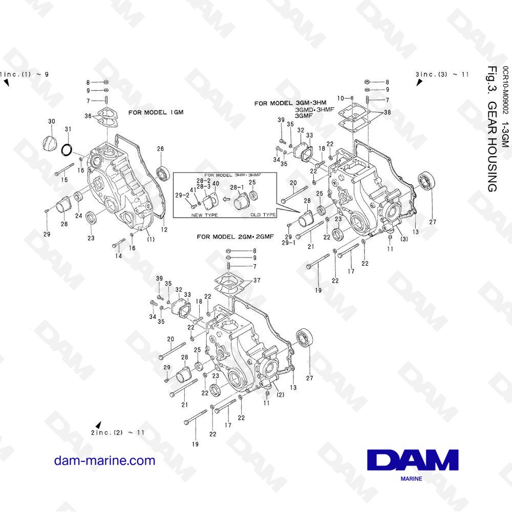 Parts and exploded views for Yanmar 3HM engine